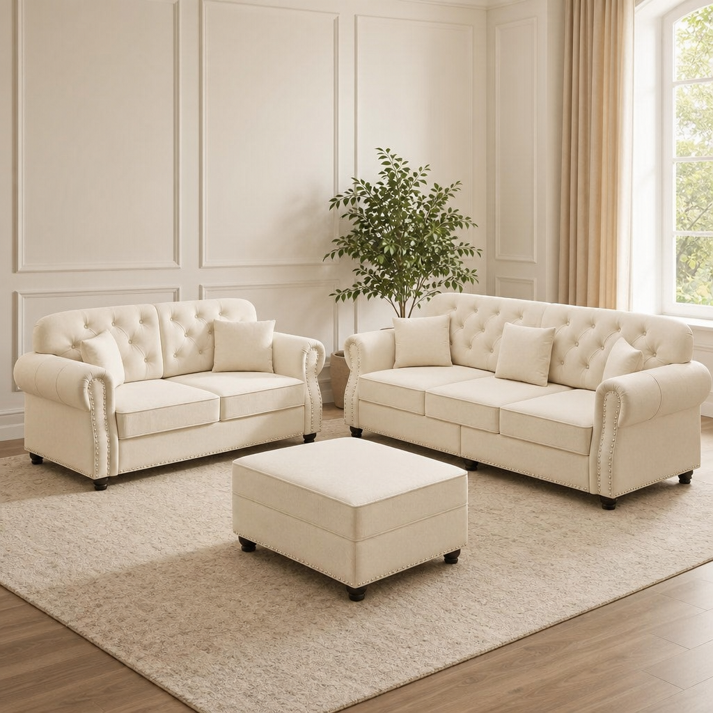 Velvet Chesterfield Sofa, Loveseat & Ottoman Set — Button Tufted centered in a warm neutral furnished room