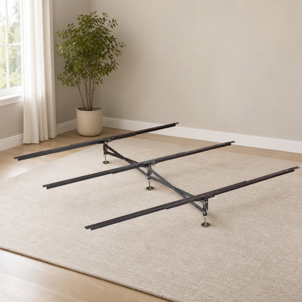 Adjustable Steel Center Support System with X-Support & 3 Cross Rails — Fits Full  centered in a warm neutral furnished room