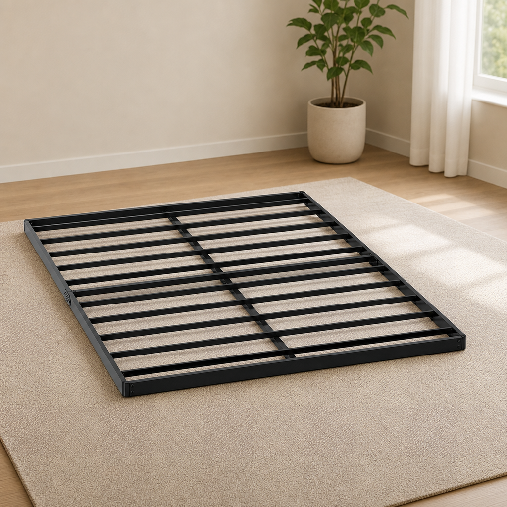 Low-Profile Metal Box Spring — Steel Slats & Reinforced Bunkie-Board centered in a warm neutral furnished room