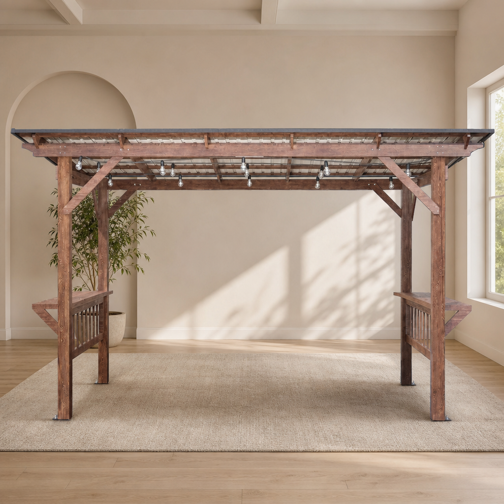 157.68"L x 78.24"W Fir Wood Grill Gazebo with 3mm Galvanized Steel Roof & Bar Coun centered in a warm neutral furnished room