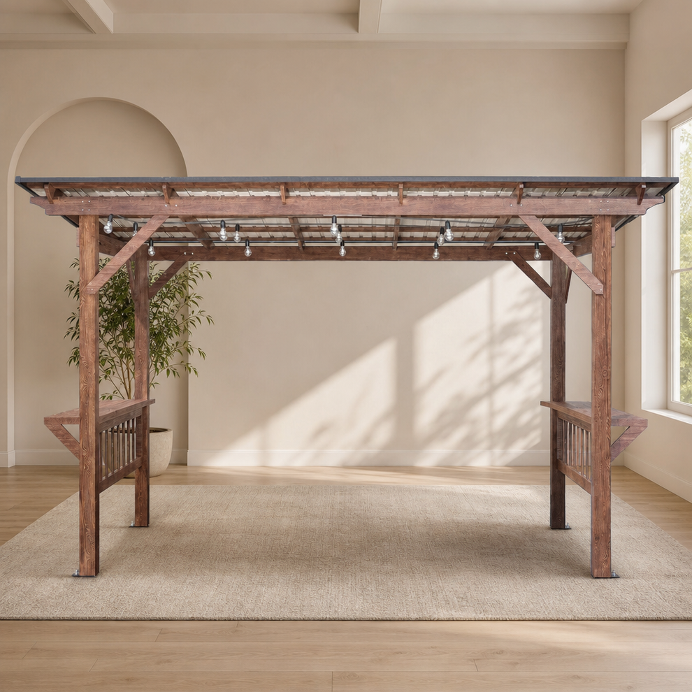 157.68"L x 78.24"W Fir Wood Grill Gazebo with 3mm Galvanized Steel Roof & Bar Coun centered in a warm neutral furnished room