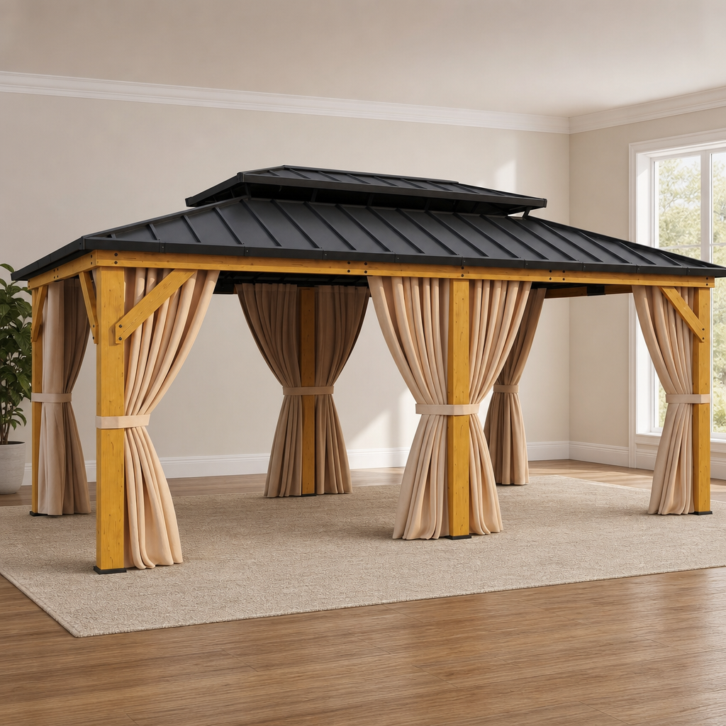 Wood Gazebo 12x20 ft Cedar Frame Double-Roof Hardtop with Mesh Sidewalls centered in a warm neutral furnished room