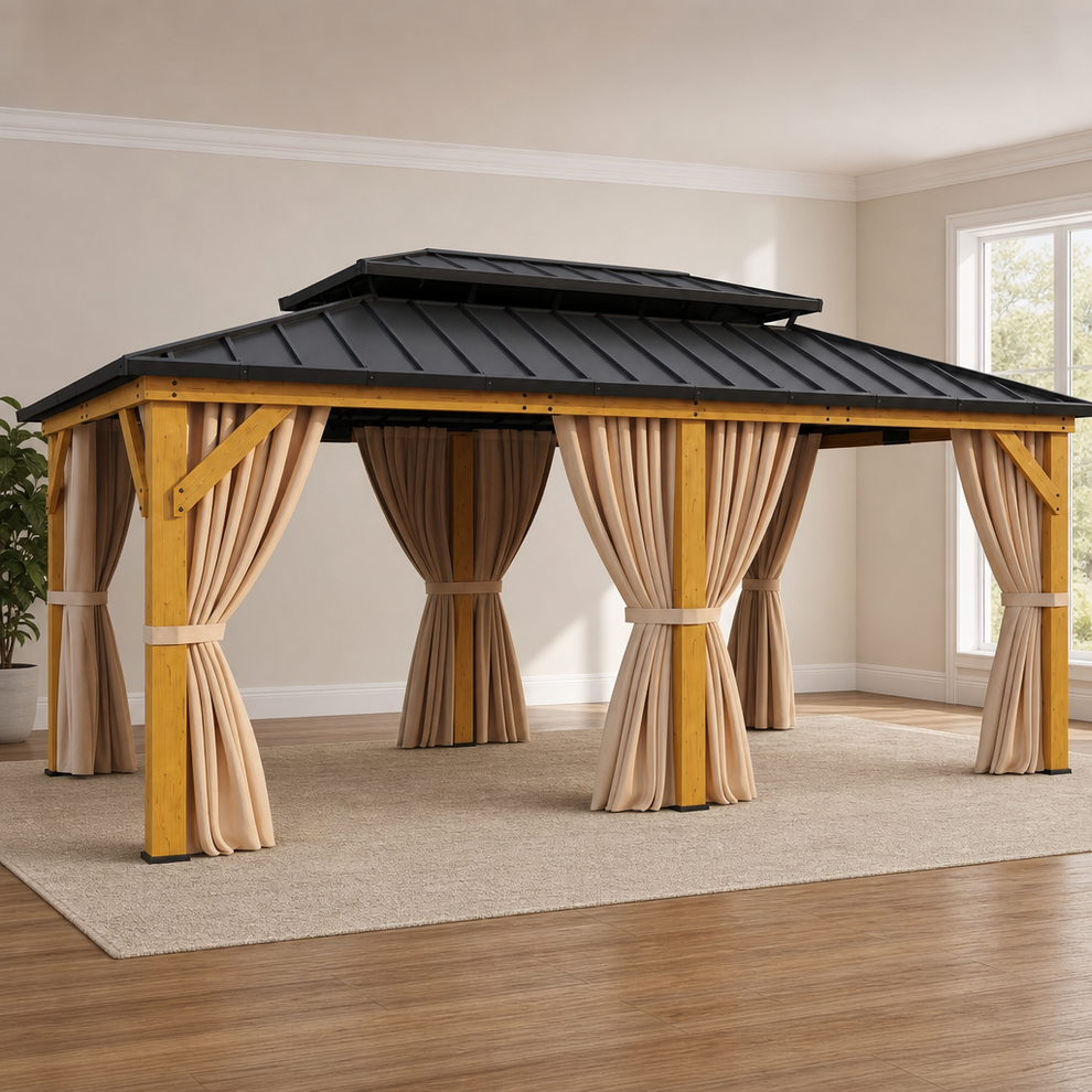 Wood Gazebo 12x20 ft Cedar Frame Double-Roof Hardtop with Mesh Sidewalls centered in a warm neutral furnished room
