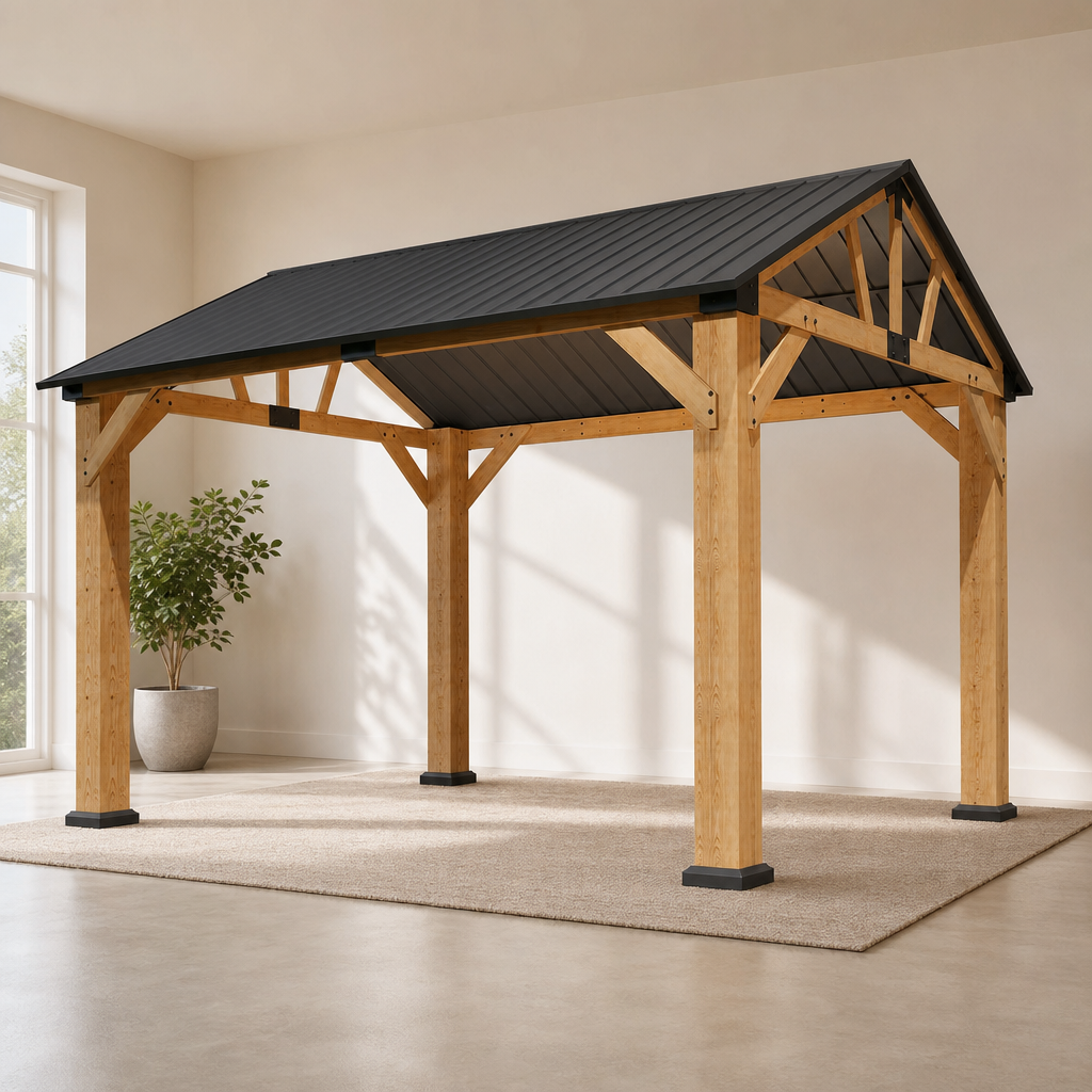 10' x 12' Wood Gazebo with Gable Galvanized Steel Hardtop Roof, Natural centered in a warm neutral furnished room
