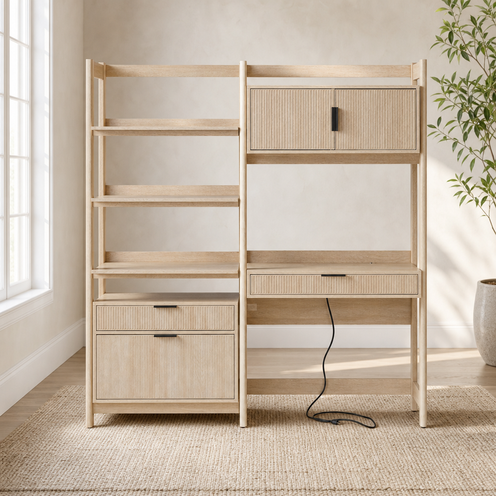 Walker Edison 2-Piece Hutch Desk and Bookcase with Built-In Outlets and Reeded Dra centered in a warm neutral furnished room