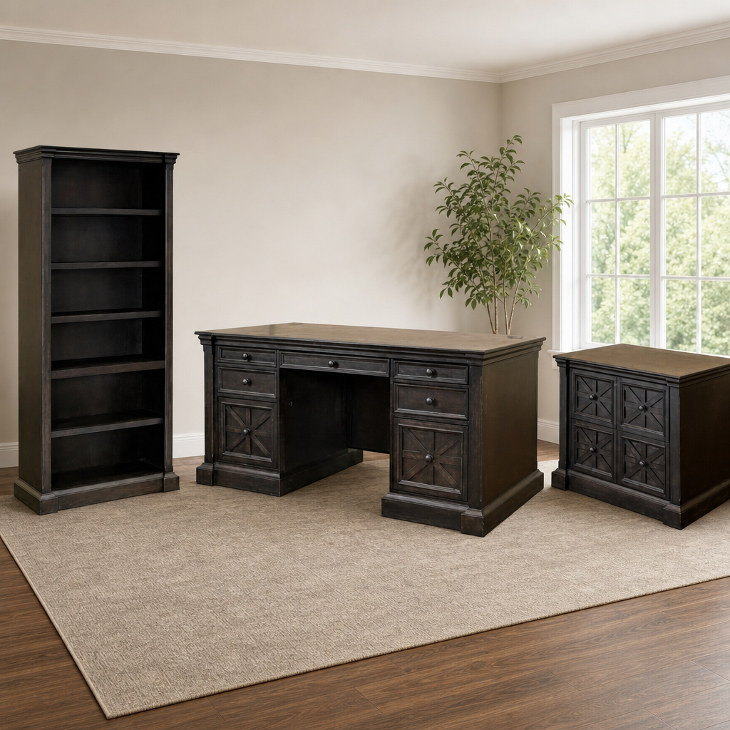 Executive Office Set — 3-Piece Distressed Dark Brown Desk, Lateral File & Bookcase centered in a warm neutral furnished room
