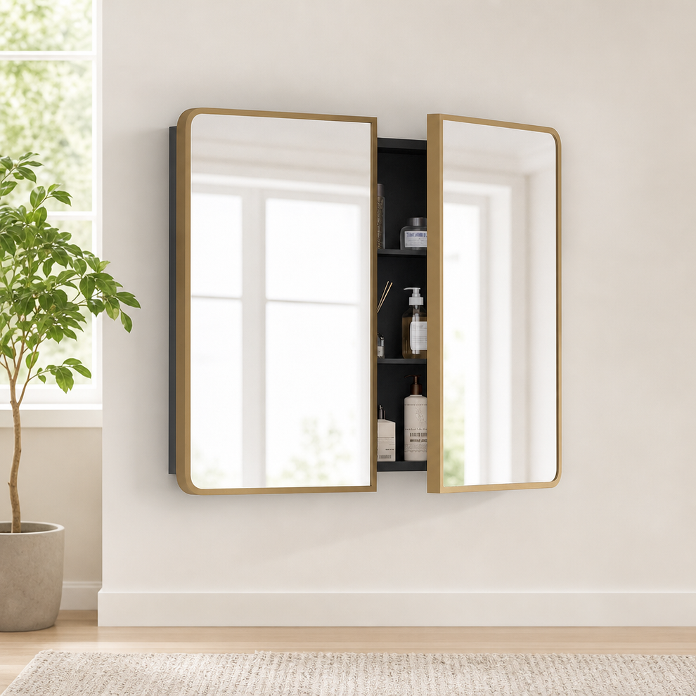 Mirrored Medicine Cabinet, Metal Double-Door Recessed or Wall-Mount with Adjustabl centered in a warm neutral furnished room