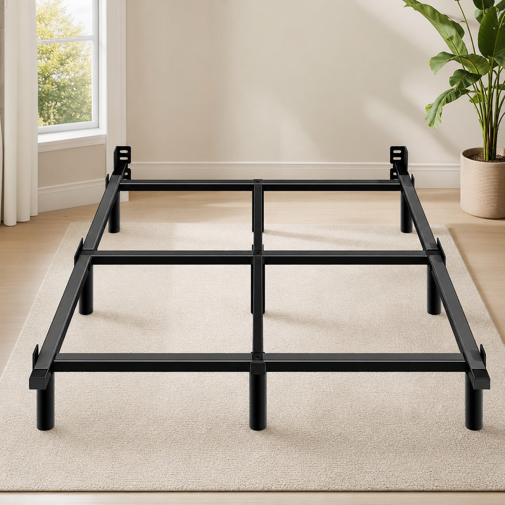 Adjustable Steel Bed Frame — Heavy-Duty Foundation with 9 Reinforced Legs centered in a warm neutral furnished room
