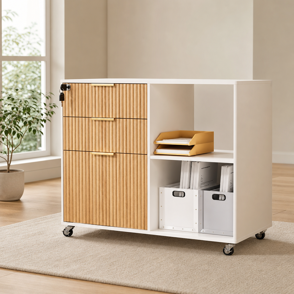 3-Drawer Mobile File Cabinet with Lock and Open Shelf, Oak centered in a warm neutral furnished room