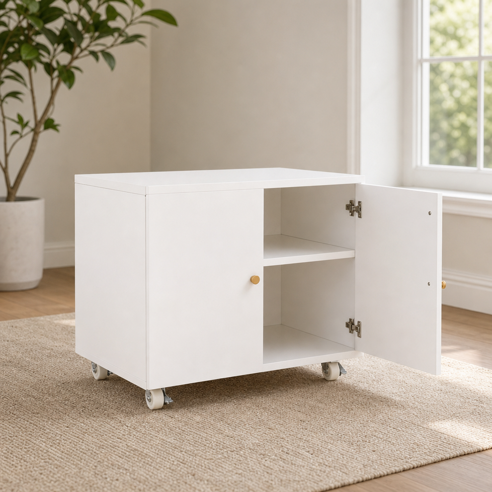 White printer stand cabinet with one door open showing interior shelf and front casters, angled front view in a room