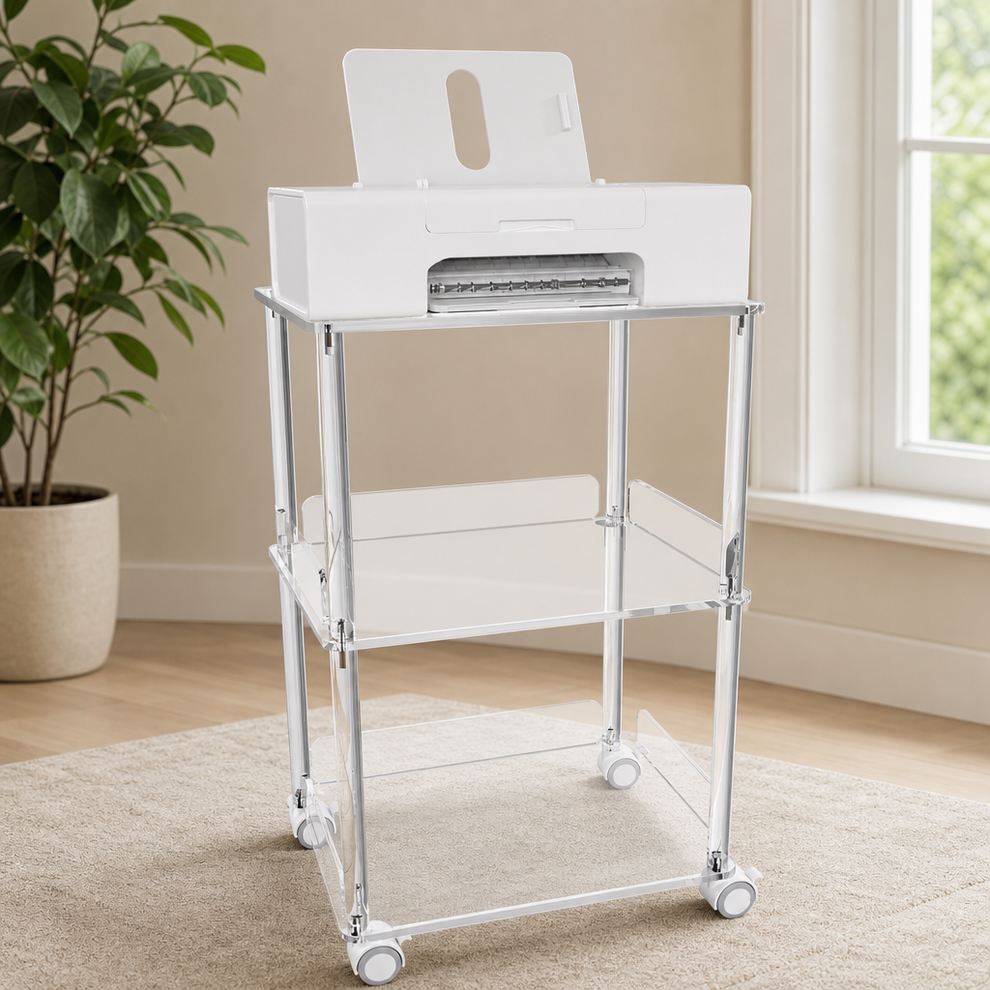 Acrylic 3-Tier Printer Stand with Lockable Wheels centered in a warm neutral furnished room