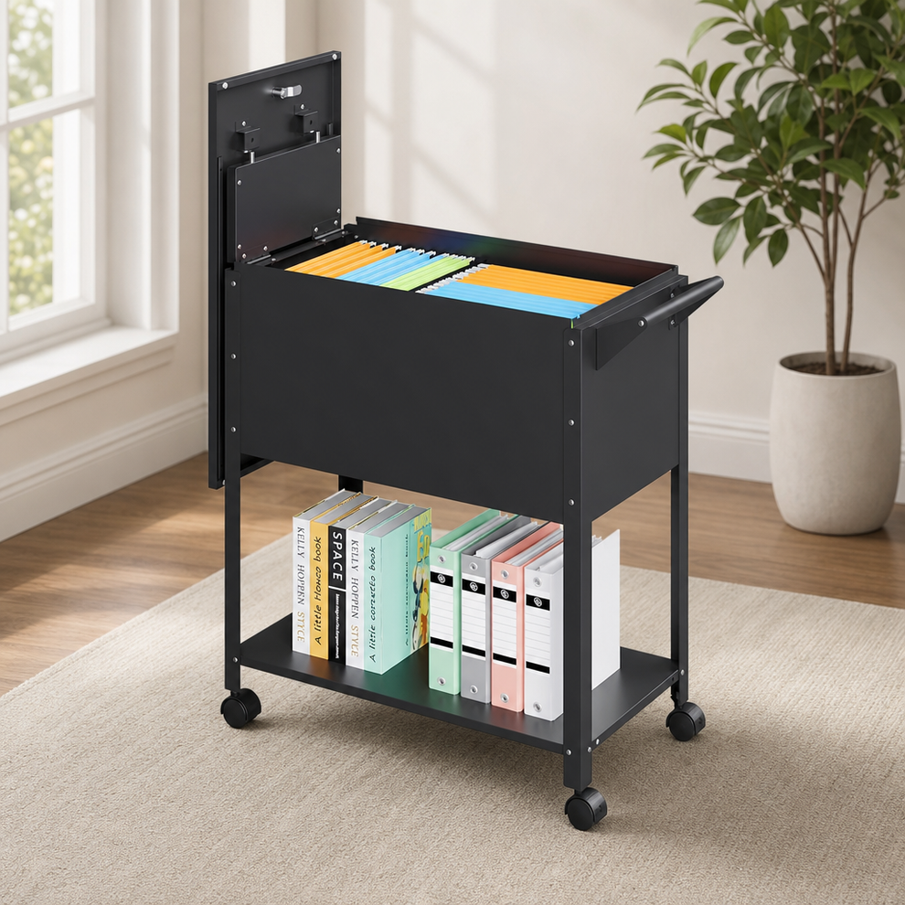 Rolling File Cart — Lockable Metal Mobile Filing Cabinet, Fits A4/Letter/Legal centered in a warm neutral furnished room