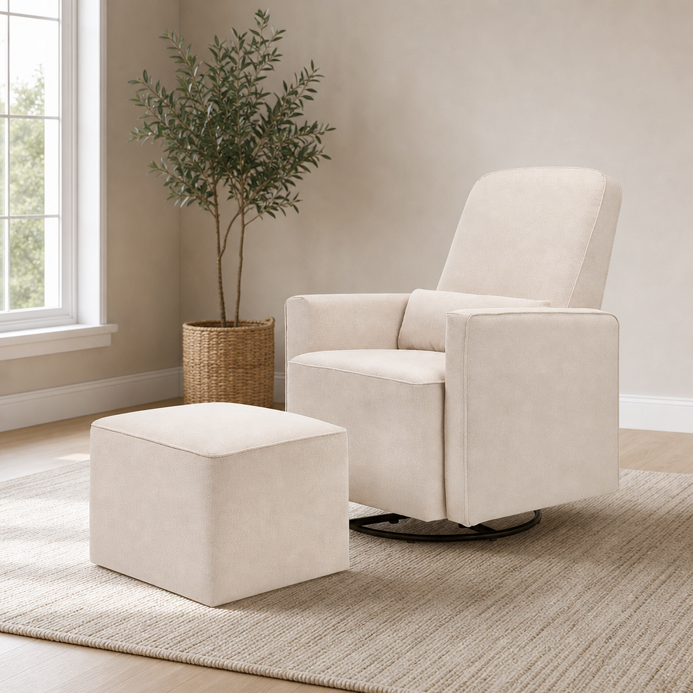 DaVinci Olive 360° Swivel Glider with Storage Ottoman, Cream centered in a warm neutral furnished room