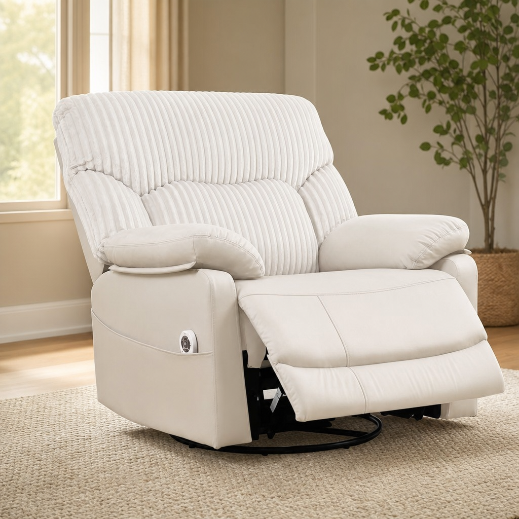Power Swivel Rocker Recliner with Heat & Massage, Ivory centered in a warm neutral furnished room