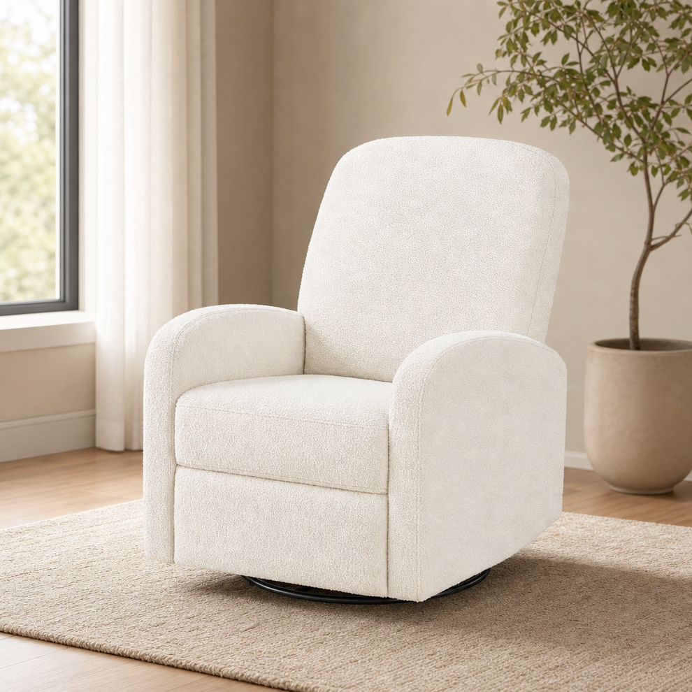 Swivel Recliner Nursery Glider centered in a warm neutral furnished room