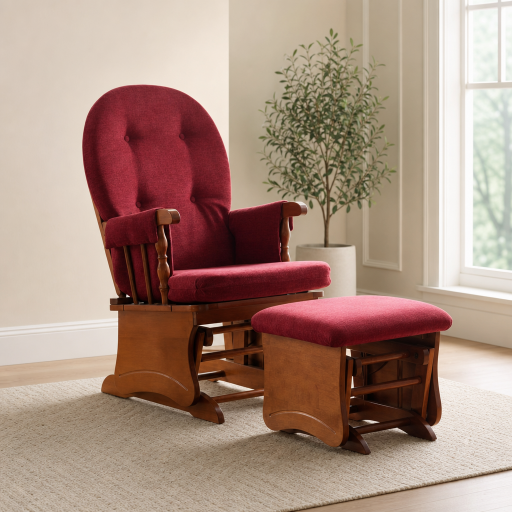 Glider Rocking Chair with Ottoman, Rubberwood Frame Nursery Glider with Padded Cus centered in a warm neutral furnished room