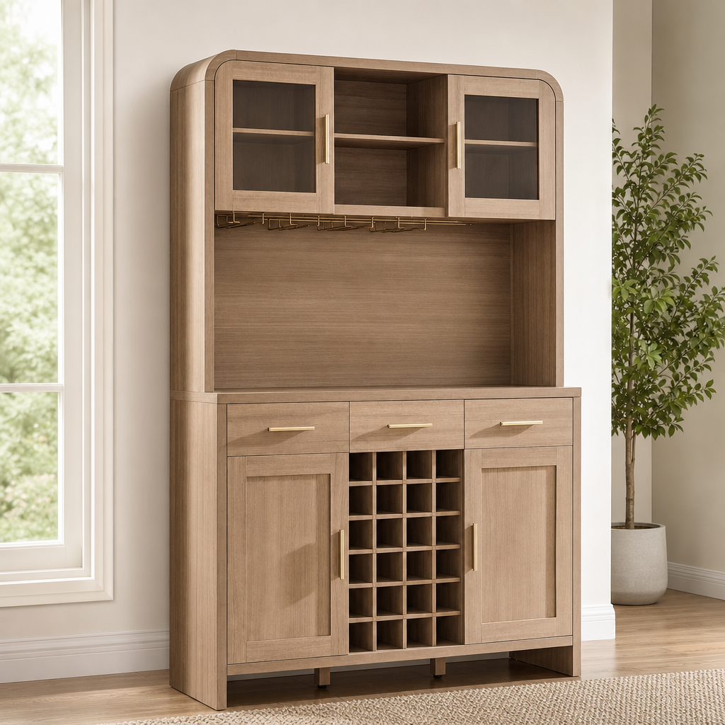 77" Pantry & Wine Bar Cabinet, FSC-Certified Engineered Wood, 50"W x 15.4"D centered in a warm neutral furnished room