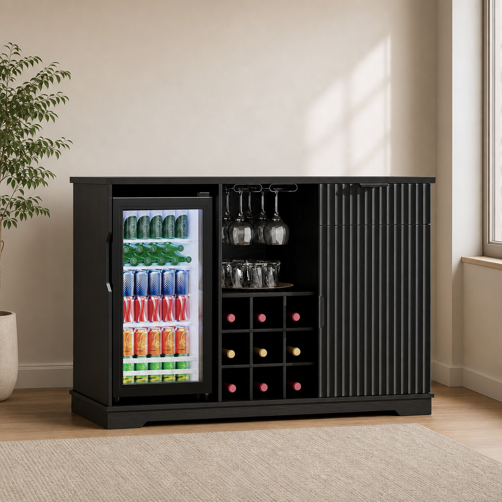47-inch Fluted Bar Cabinet with 92L Built-In Fridge centered in a warm neutral furnished room