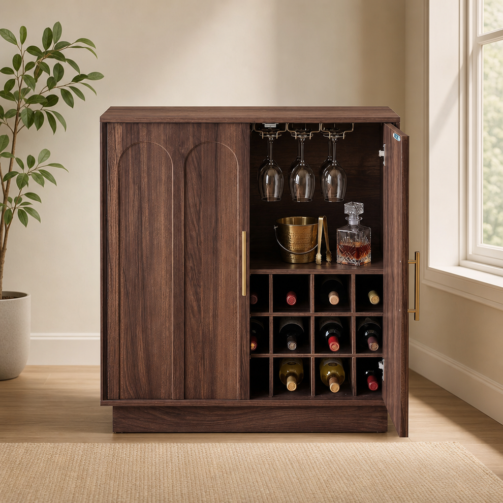 31.5" Wine Bar Cabinet Mid-Century Sideboard, 21-Bottle Rack & Stemware Holder, Wa centered in a warm neutral furnished room