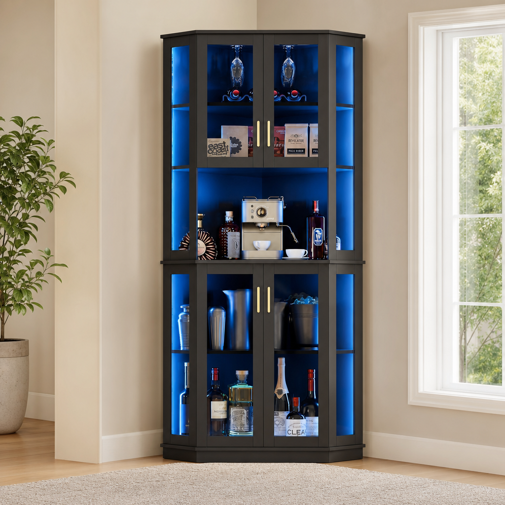 71" Corner Wine Bar Cabinet with RGB LED and Tempered Glass Doors centered in a warm neutral furnished room