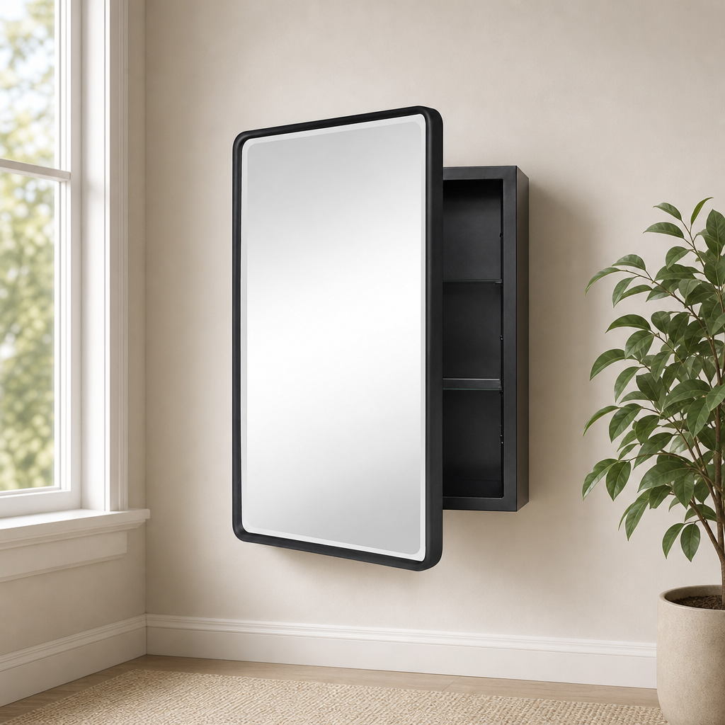 Farmhouse Recessed Medicine Cabinet with Beveled Mirror, Tempered Glass Shelves —  centered in a warm neutral furnished room