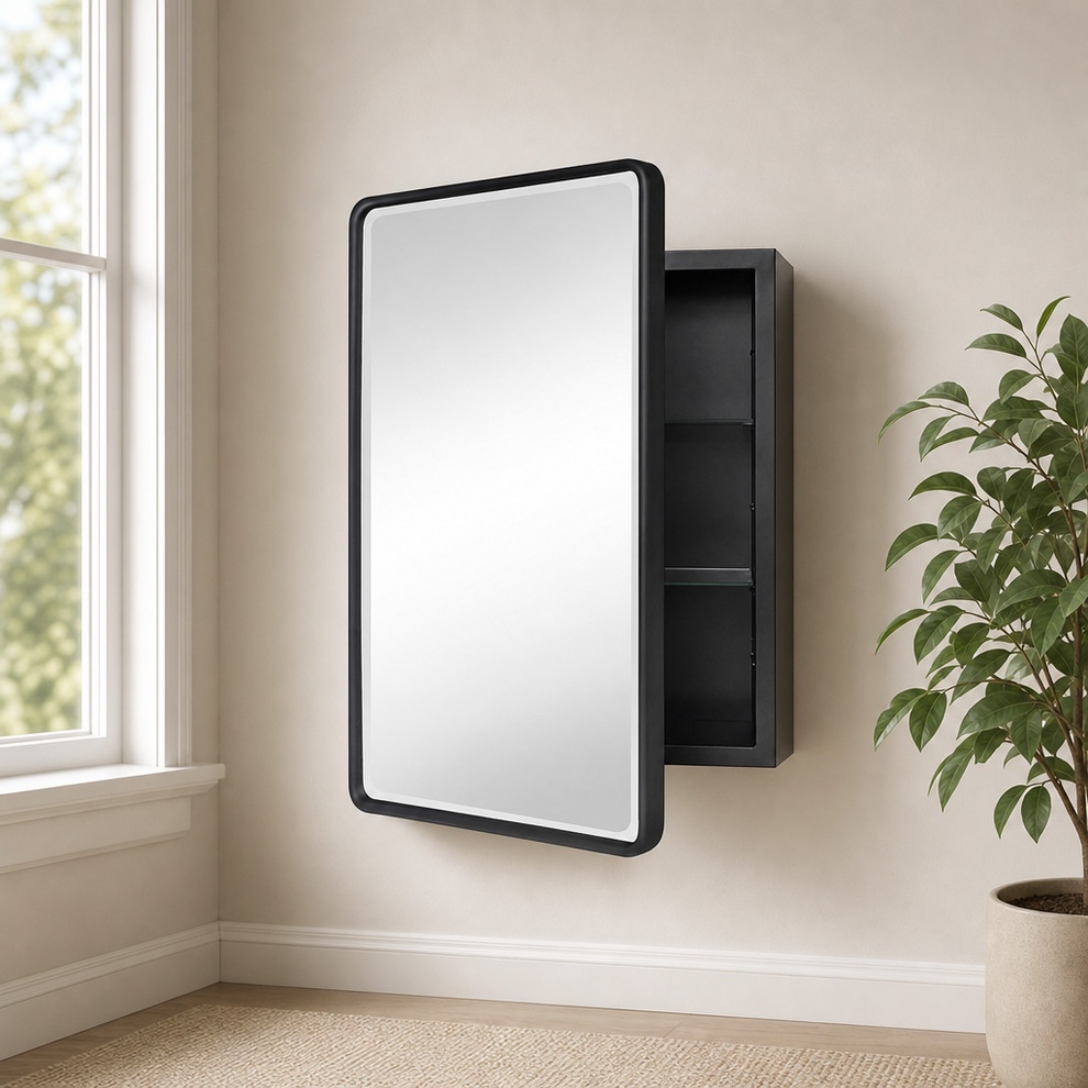 Farmhouse Recessed Medicine Cabinet with Beveled Mirror, Tempered Glass Shelves —  centered in a warm neutral furnished room