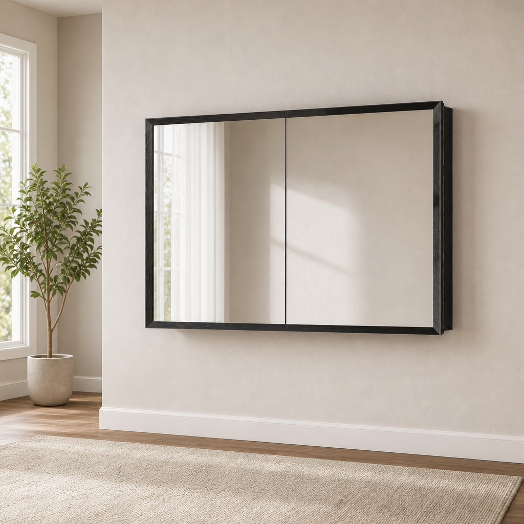 Keonjinn Black Medicine Cabinet Mirror 36 x 24, 2 Door, Assembly Needed centered in a warm neutral furnished room