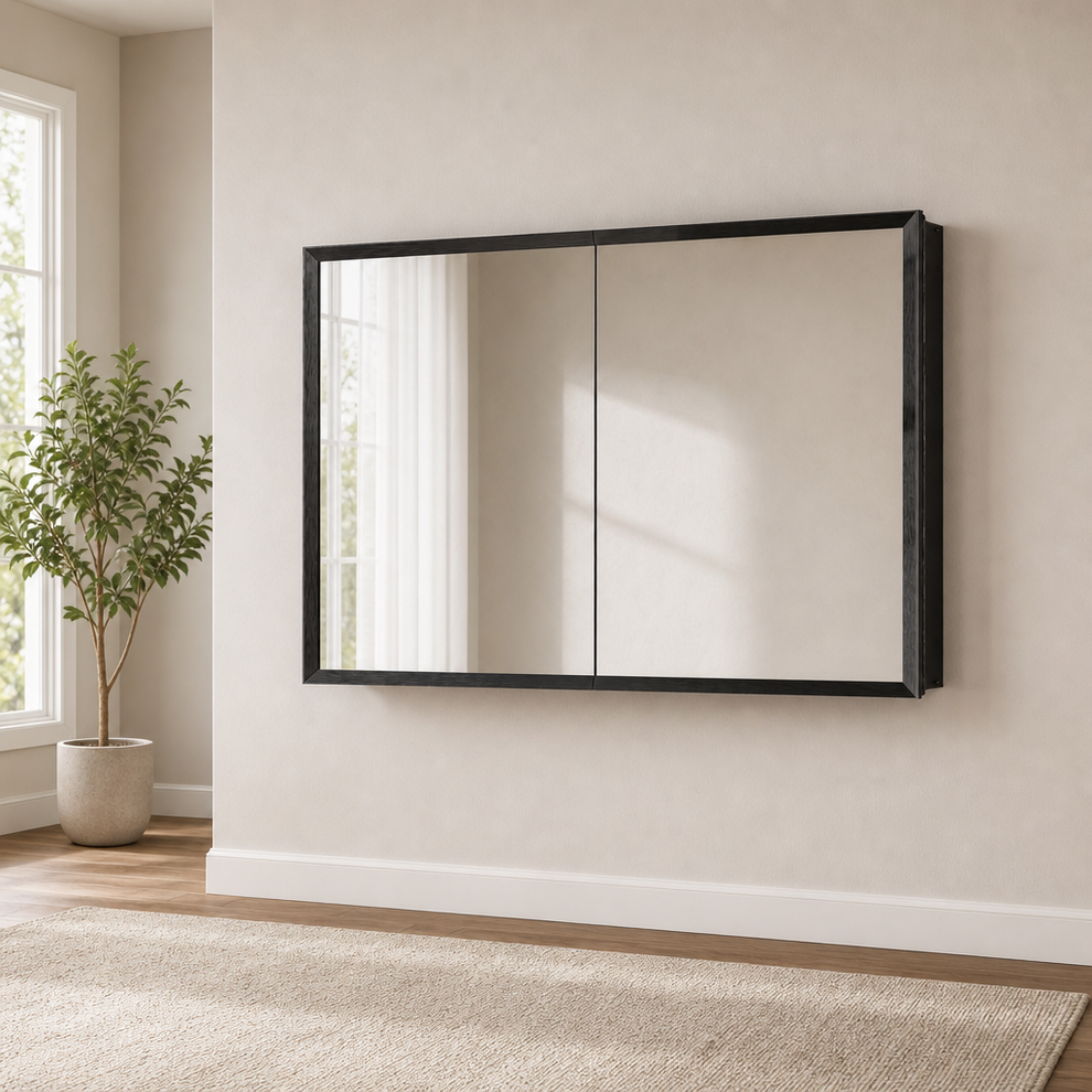 Keonjinn Black Medicine Cabinet Mirror 36 x 24, 2 Door, Assembly Needed centered in a warm neutral furnished room
