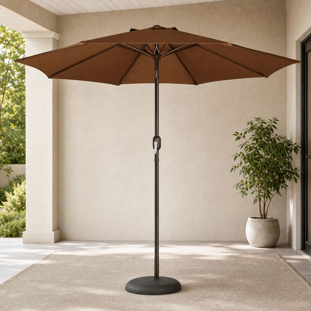Brown 9' patio umbrella full front view on a covered patio with round base and potted plant