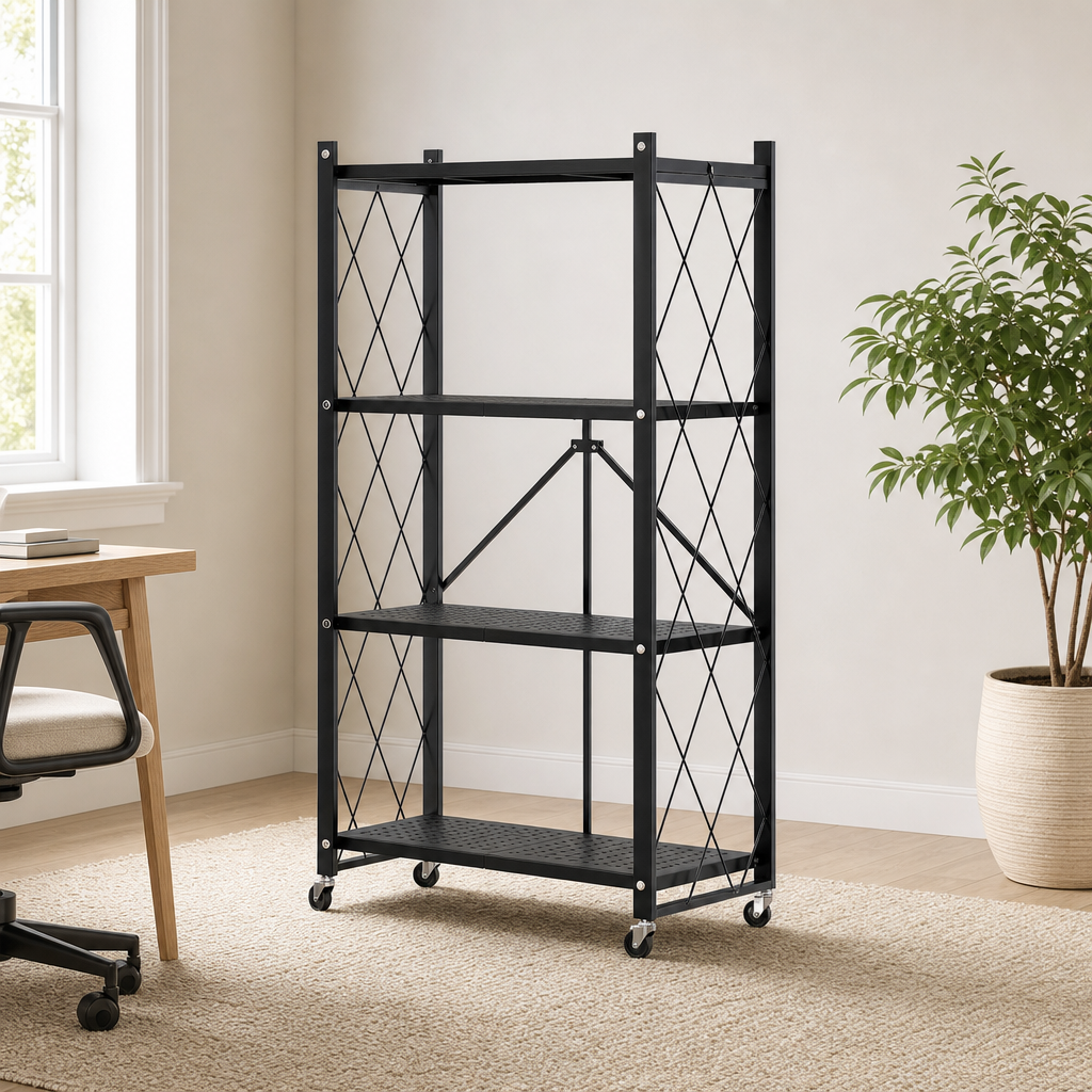 4-Tier Foldable Metal Storage Shelf with Locking Wheels — 47.5" H x 28" W x 13.25" centered in a warm neutral furnished room
