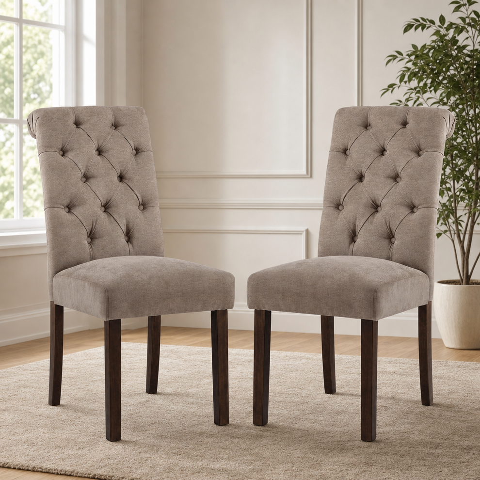 Parsons Dining Chair — High-Back Button-Tufted, Linen-Look Upholstery, Solid Wood  centered in a warm neutral furnished room