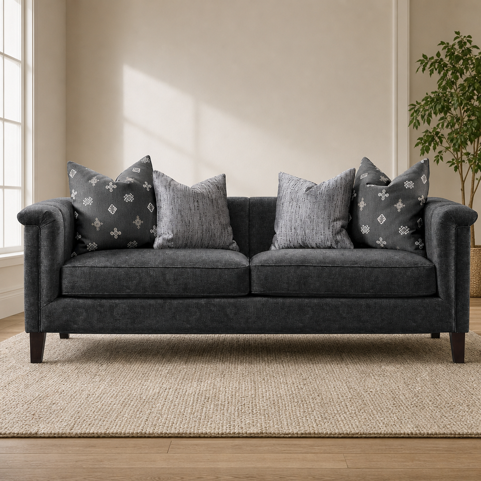 Velvet Tuxedo Sofa — Channel-Tufted, Deep Grey, 86in centered in a warm neutral furnished room