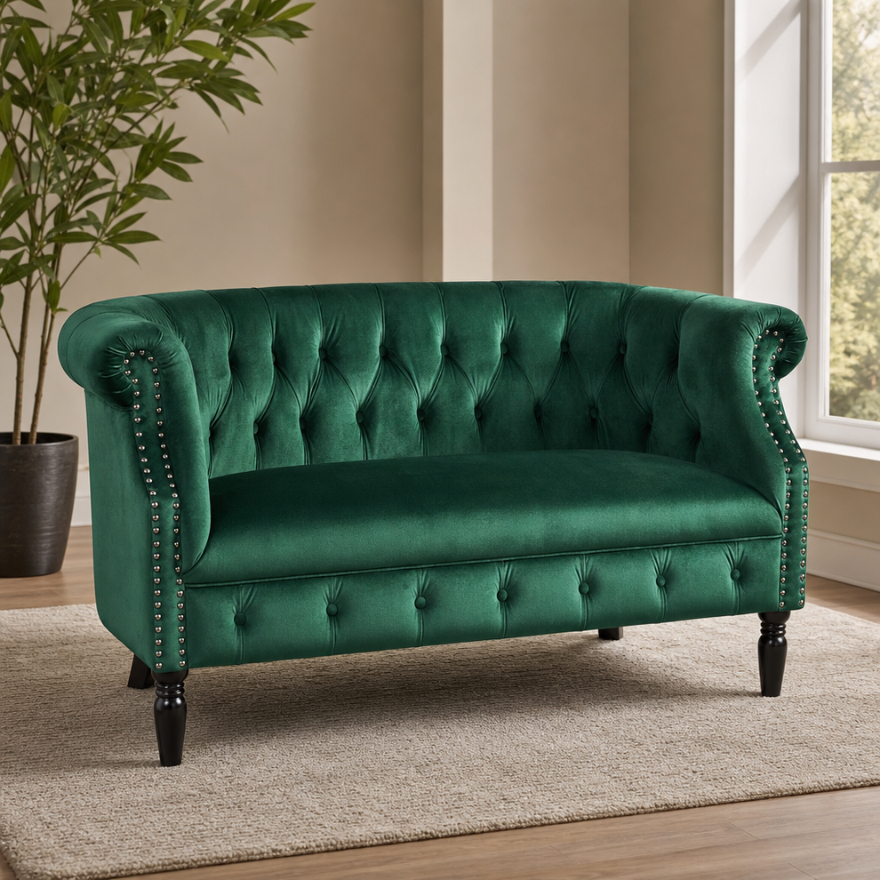 Tufted Chesterfield Velvet Loveseat, Emerald centered in a warm neutral furnished room