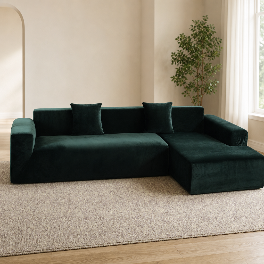 L-Shaped Sectional Sofa Slipcover, Velvet Stretch 2-Piece with 4 Pillowcases — Dar centered in a warm neutral furnished room