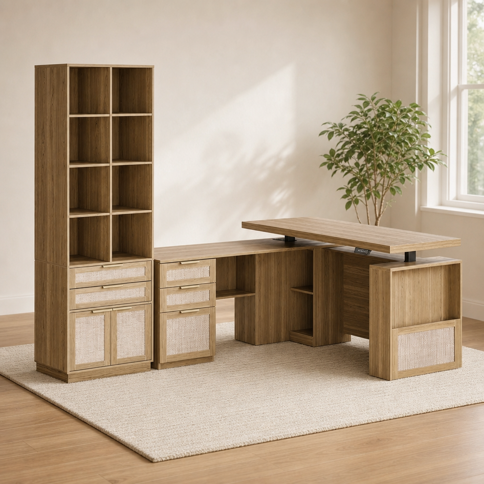 63" Electric Height-Adjustable L-Shaped Desk and 73" Bookcase Set — Natural Oak wi centered in a warm neutral furnished room