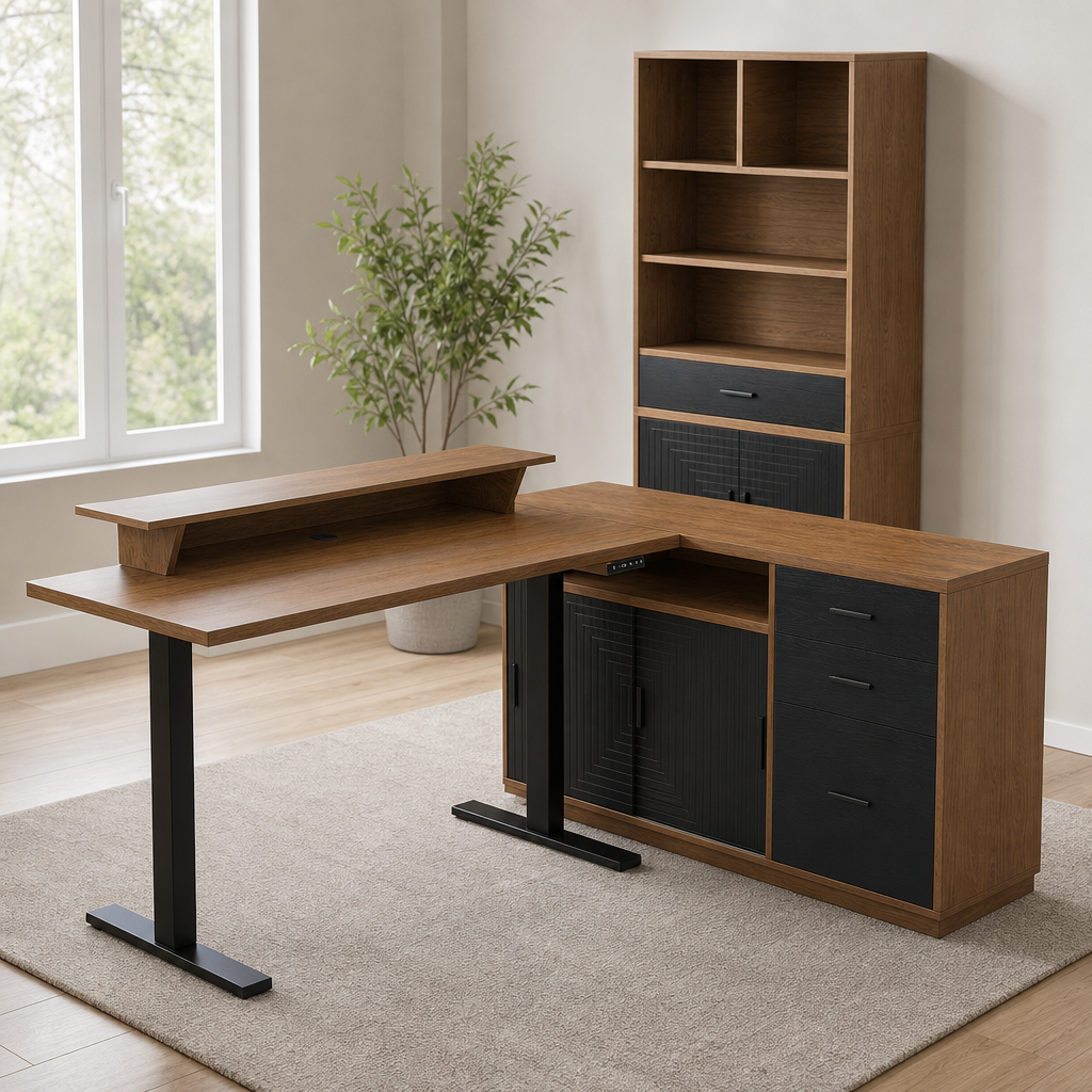 3-Piece Electric Height-Adjustable Standing Desk Office Set with Bookcase & File C centered in a warm neutral furnished room