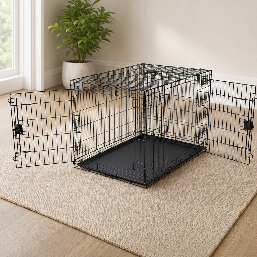 42-Inch Metal Wire Dog Crate — Double Door with Divider and Removable Tray centered in a warm neutral furnished room