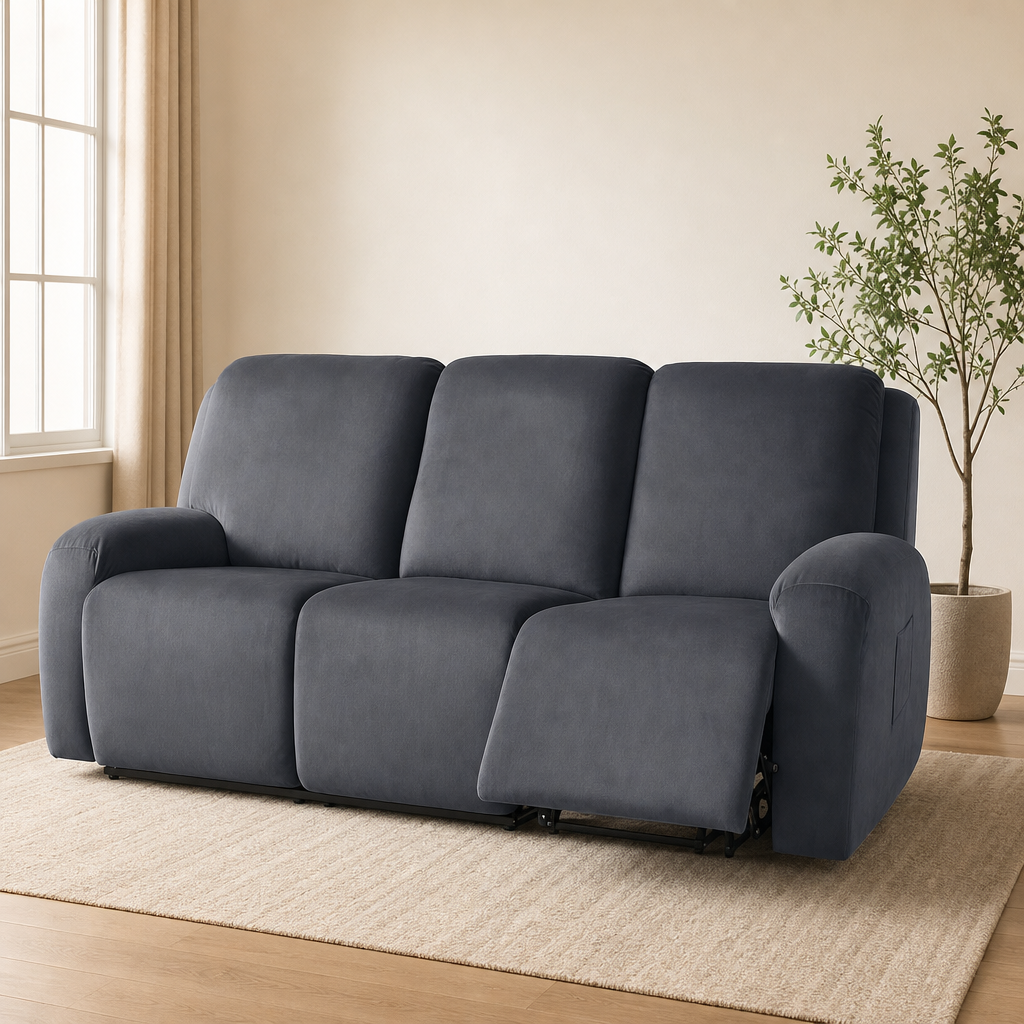 Velvet 3-Piece Recliner Sofa Cover — TPU-Backed, Fits 69–91 in centered in a warm neutral furnished room