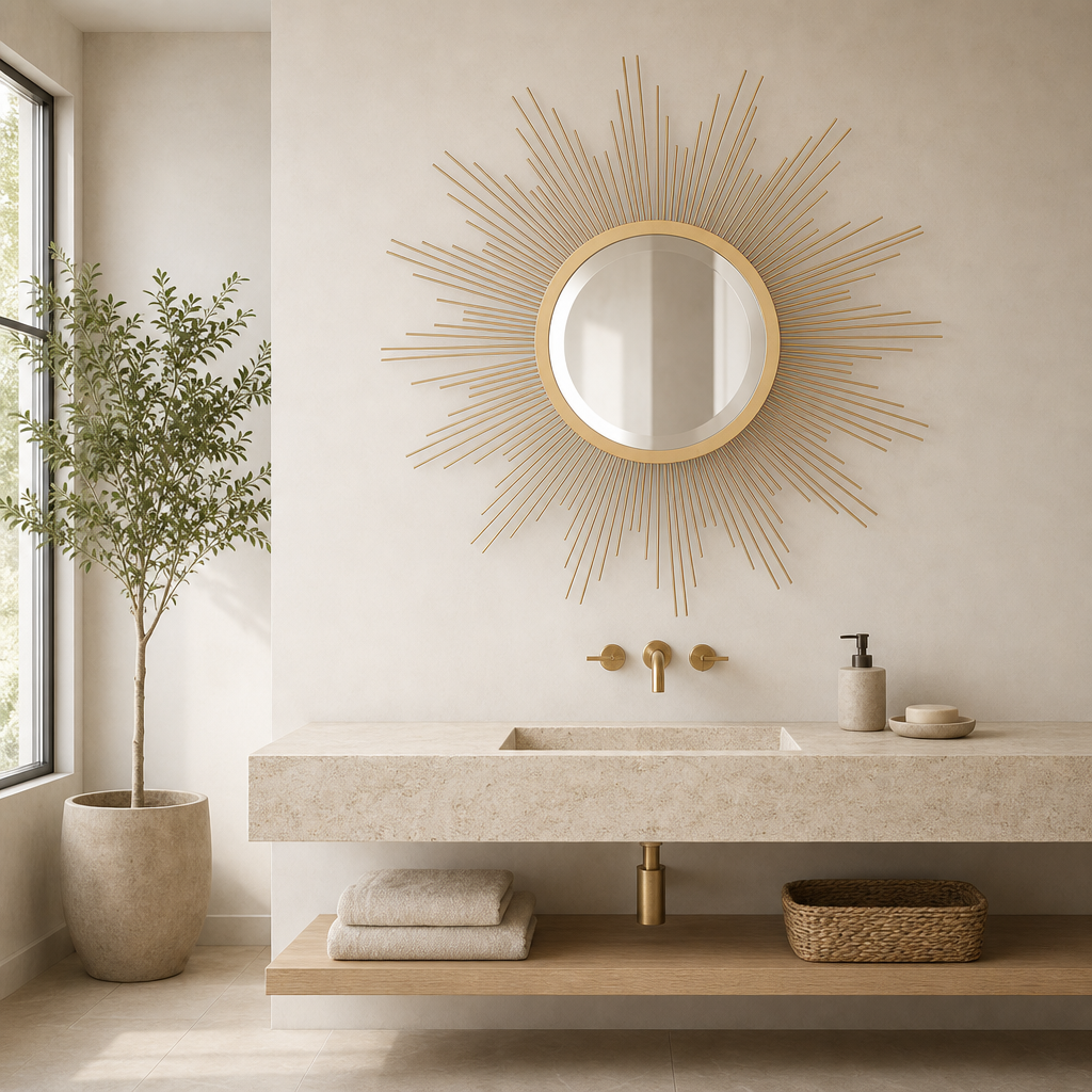 Antique Gold Metal Starburst Wall Mirror with Beveled Glass centered in a warm neutral furnished room