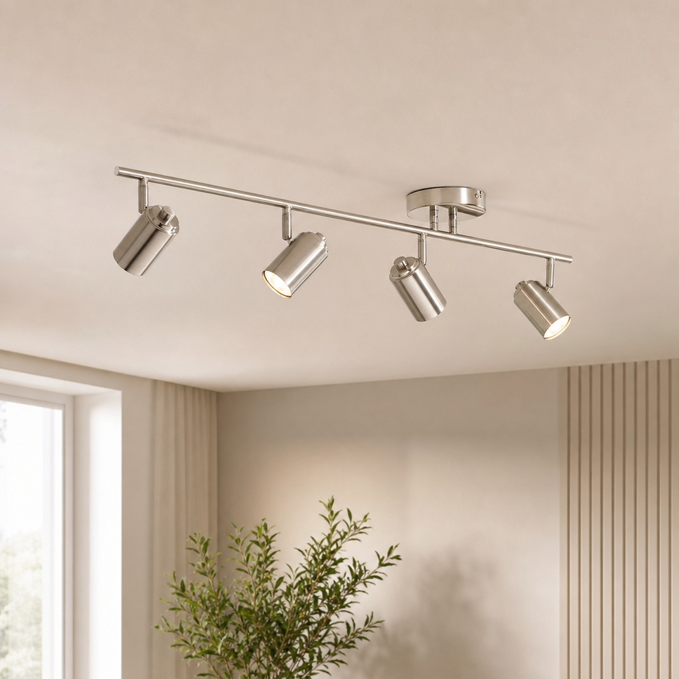 4-Light Brushed Nickel LED Track Fixture, 40" Wide centered in a warm neutral furnished room