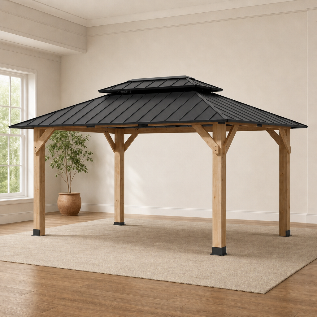 12x16 ft Solid Wood Gazebo with Double-Layer Galvanized Steel Roof centered in a warm neutral furnished room