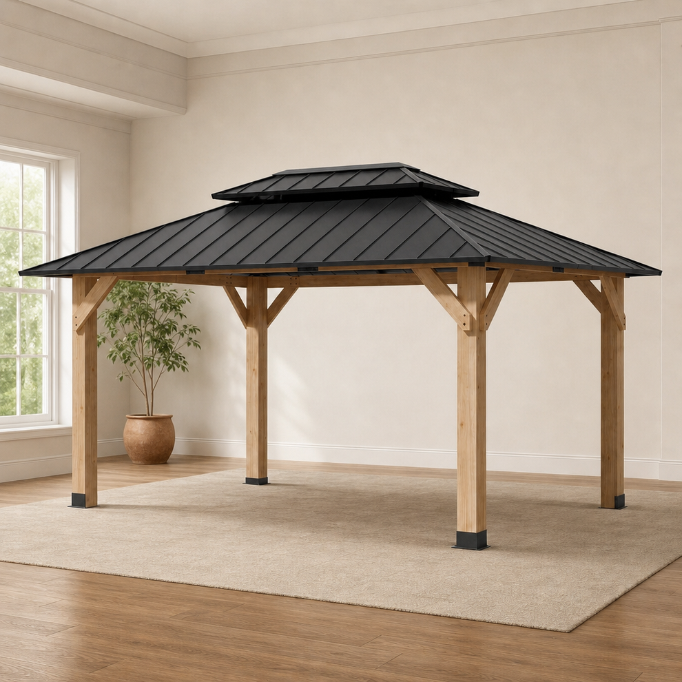 12x16 ft Solid Wood Gazebo with Double-Layer Galvanized Steel Roof centered in a warm neutral furnished room