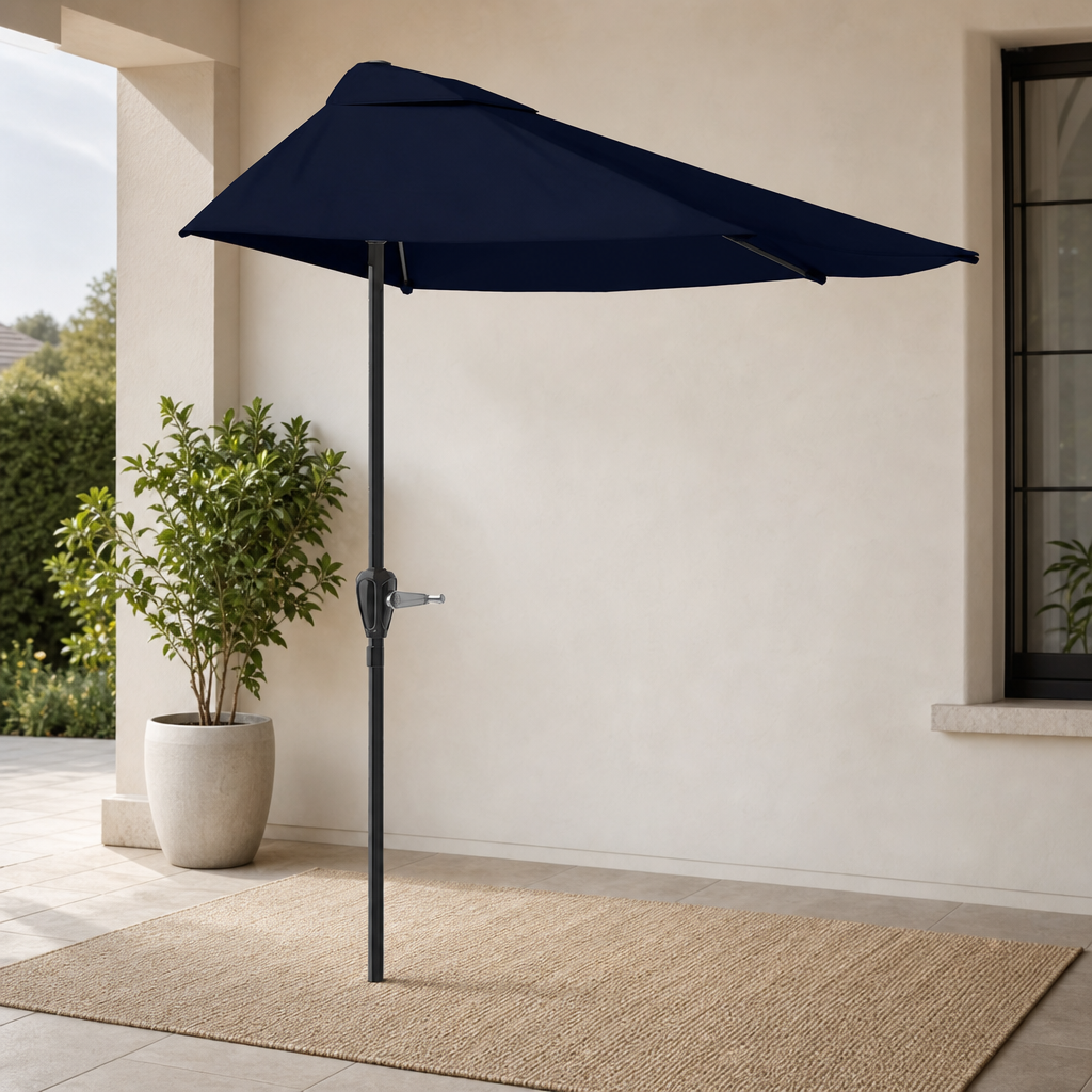 Half Round Patio Umbrella — 9 ft Half Canopy, Crank Lift, Vented Polyester centered in a warm neutral furnished room