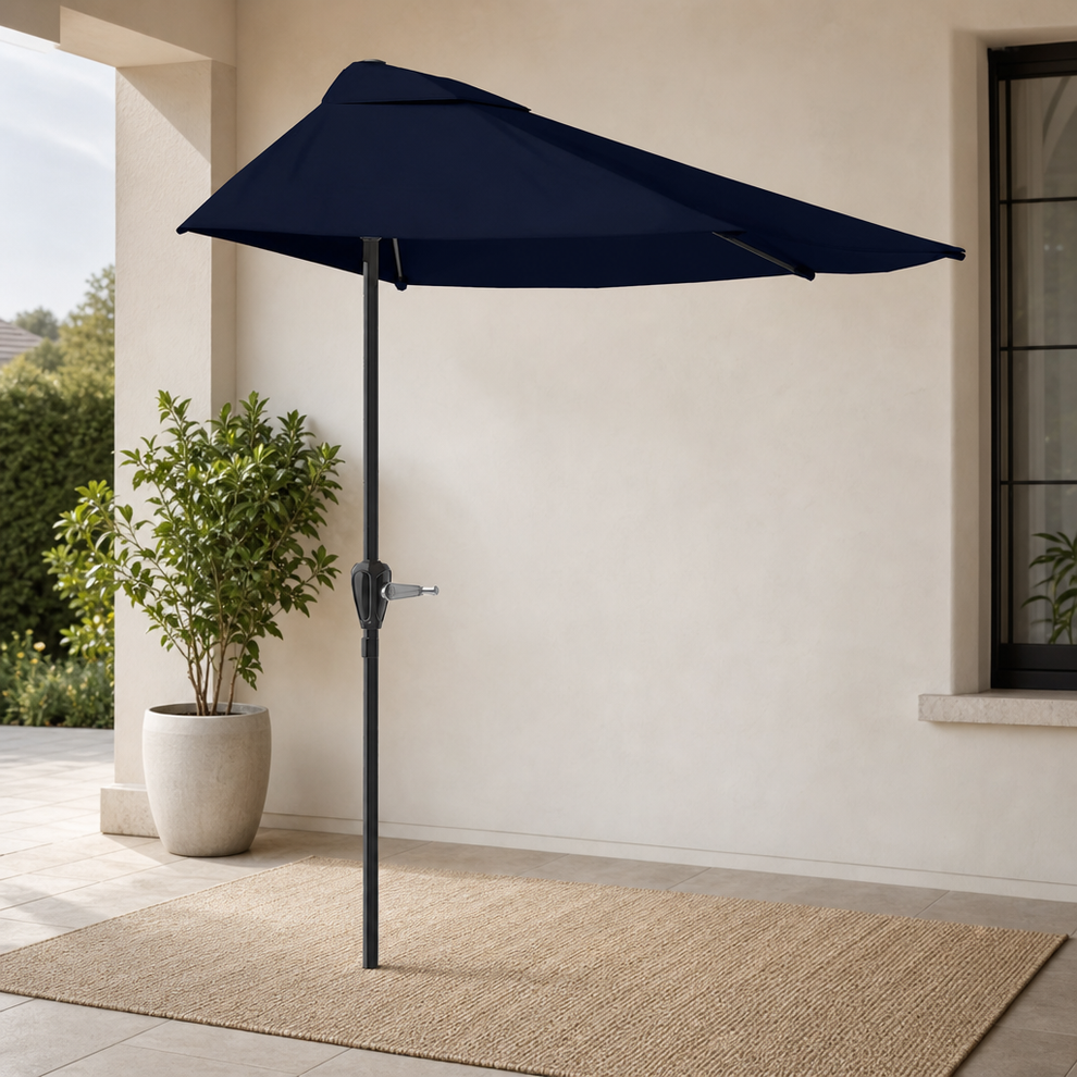 Half Round Patio Umbrella — 9 ft Half Canopy, Crank Lift, Vented Polyester centered in a warm neutral furnished room
