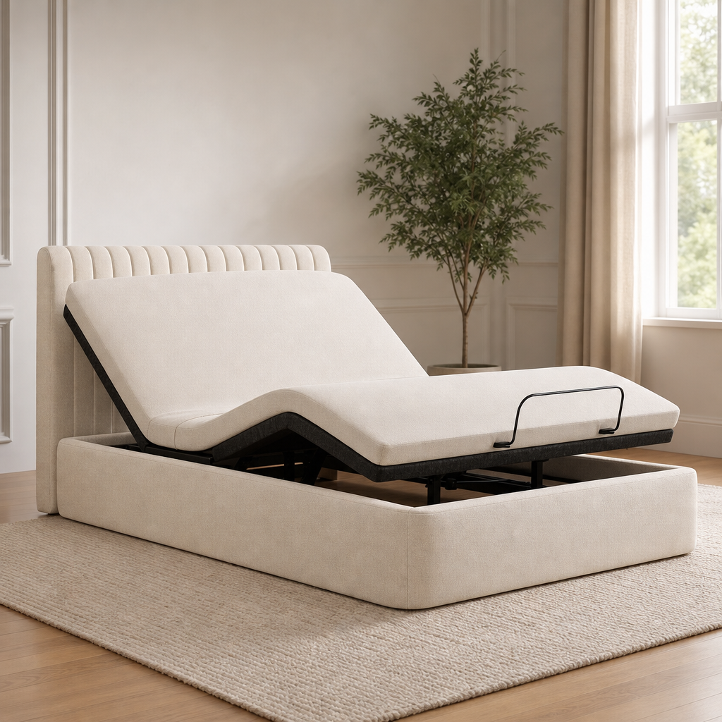 Adjustable Bed Base — Dual‑Zone Massage, Zero‑Gravity, Wireless Remote centered in a warm neutral furnished room