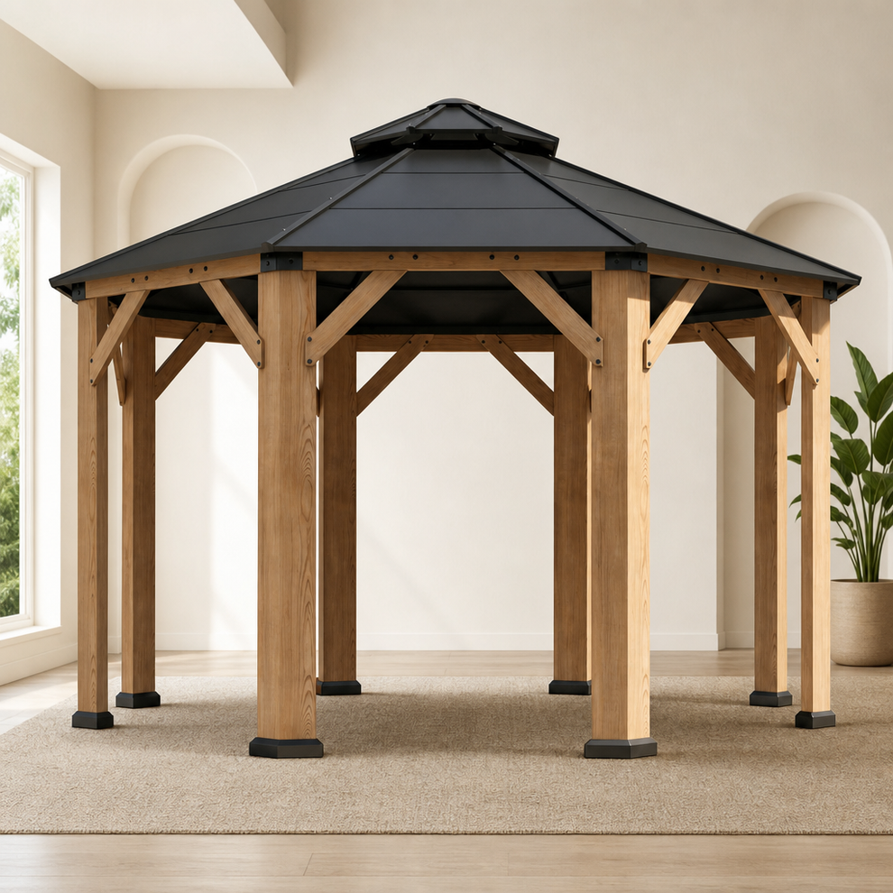 13' x 13' Cedar Octagonal Hardtop Gazebo centered in a warm neutral furnished room