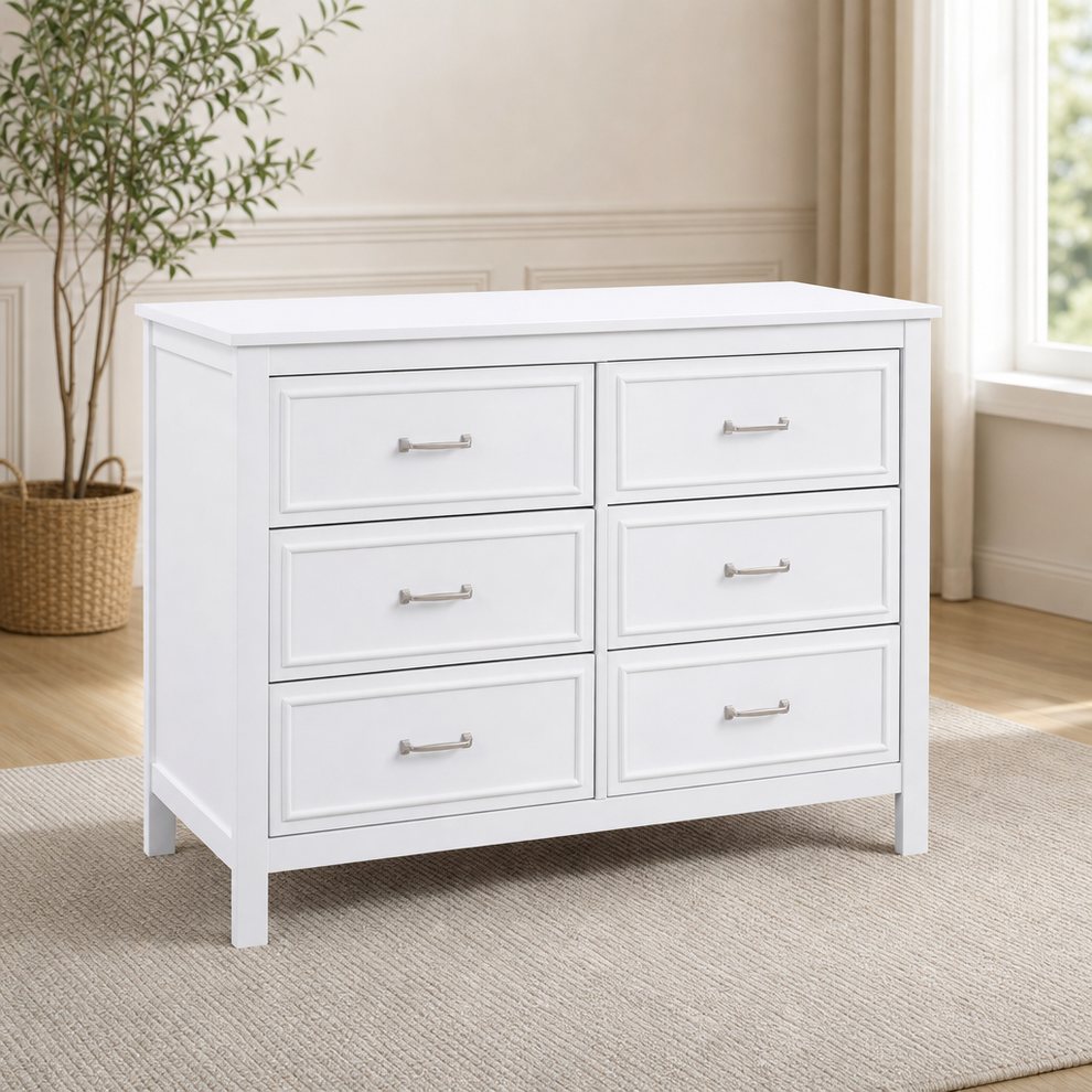 6-Drawer Baby Dresser centered in a warm neutral furnished room