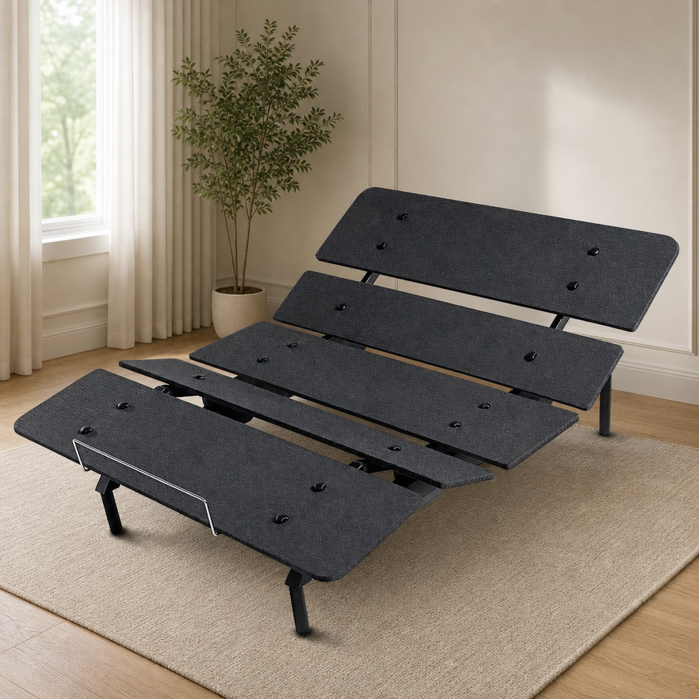Adjustable Bed Base — Wireless Remote, Independent Head & Foot centered in a warm neutral furnished room