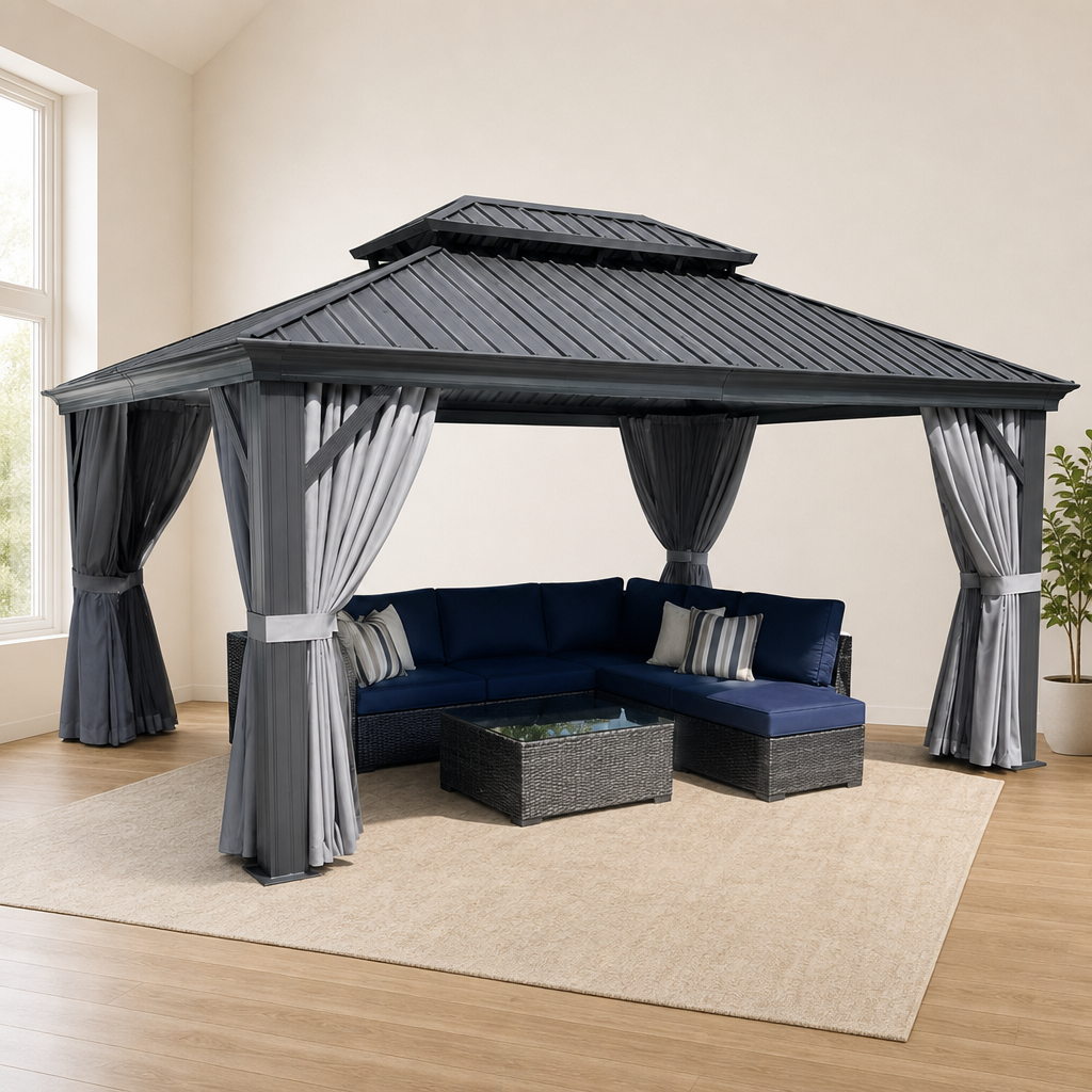 Hardtop Gazebo — 4.7" Aluminum Posts & Double-Layer Galvanized Roof, Gray centered in a warm neutral furnished room