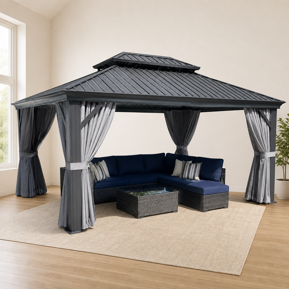 Hardtop Gazebo — 4.7" Aluminum Posts & Double-Layer Galvanized Roof, Gray centered in a warm neutral furnished room